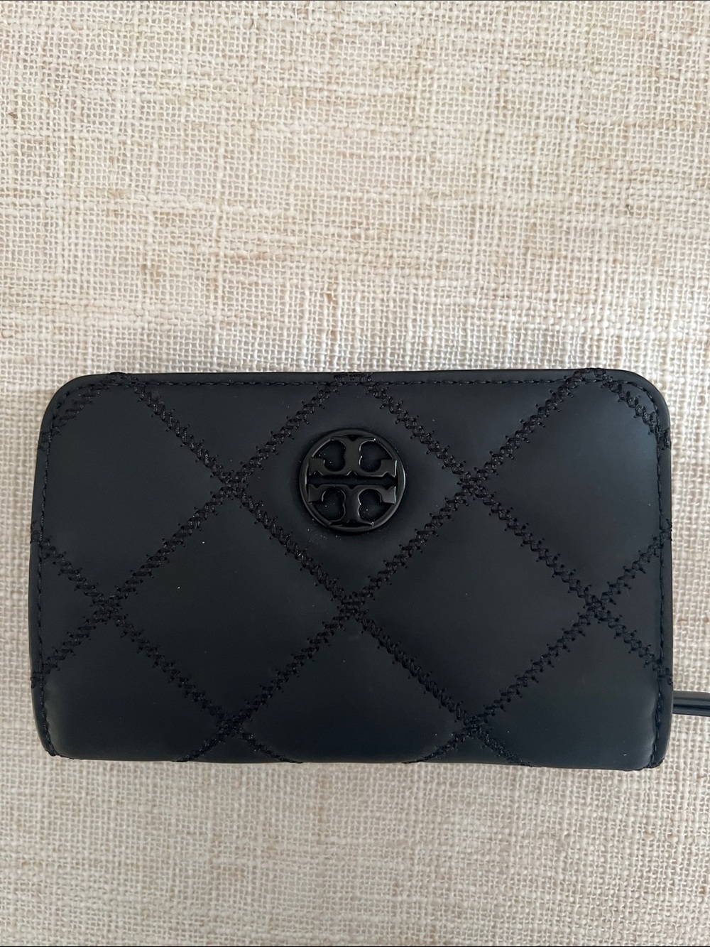 Tory Burch Black Quilted Zip-Around Wallet with Logo Medallion